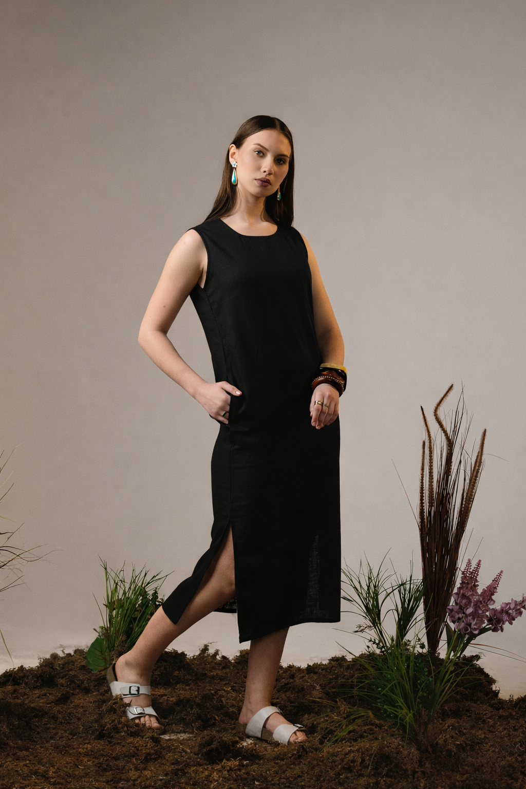 Black linen maxi dress
